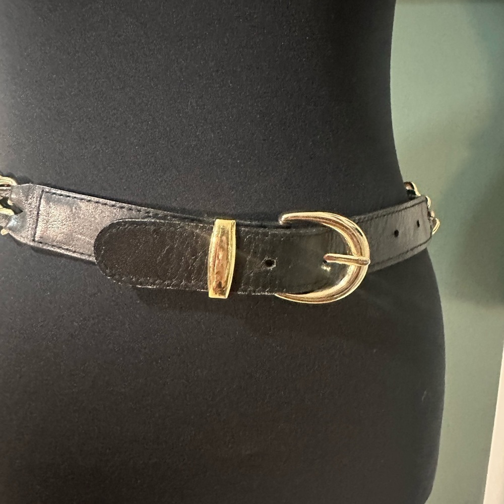St. Michael Vintage Black Leather Belt with Gold Buckle and Chain